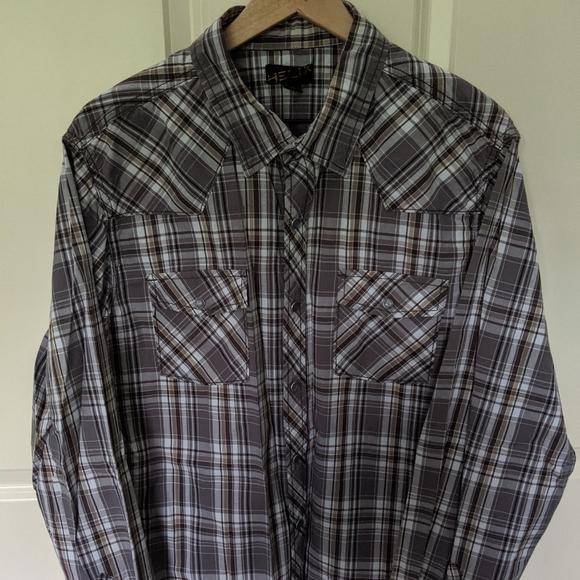 👣Helix Grey and Brown Plaid Western Shirt - Picture 1 of 3